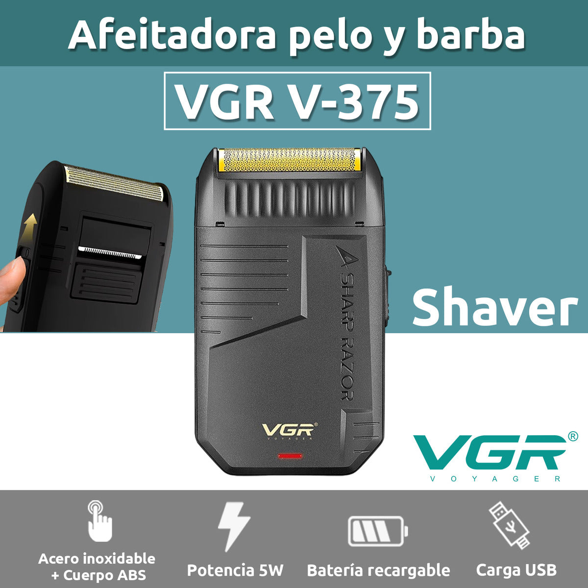 V-375 Maquina afeitadora VGR color negro compacta