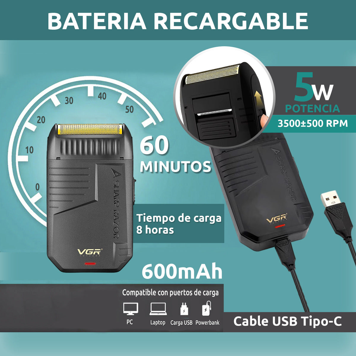 V-375 Maquina afeitadora VGR color negro compacta