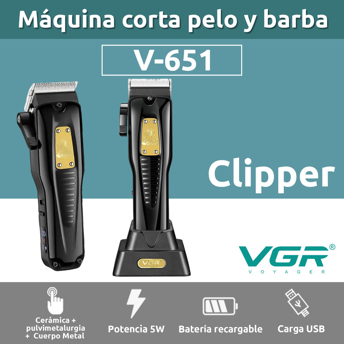 V-651 Máquina Corta Pelo Profesional VGR USB con 8 Peines