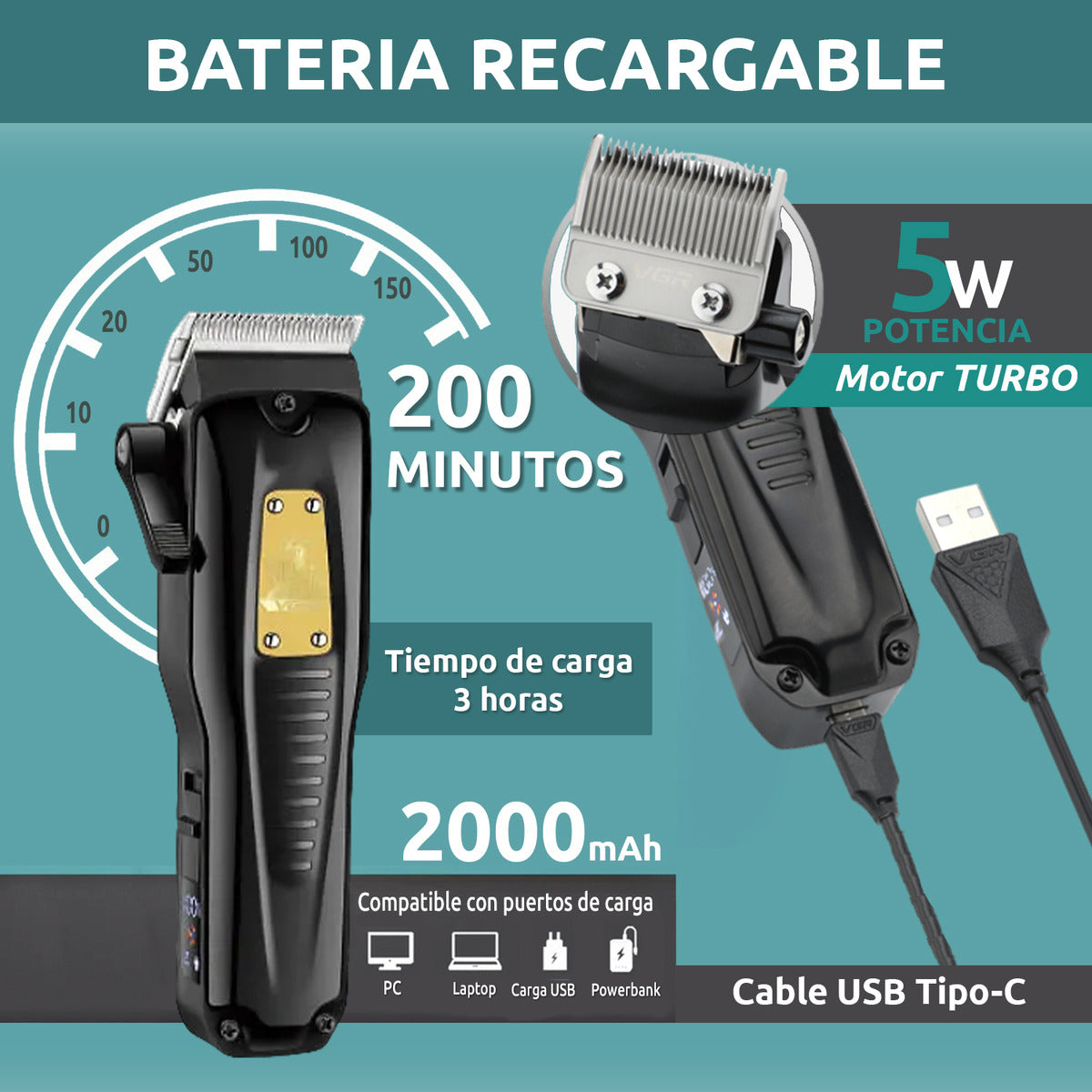 V-651 Máquina Corta Pelo Profesional VGR USB con 8 Peines