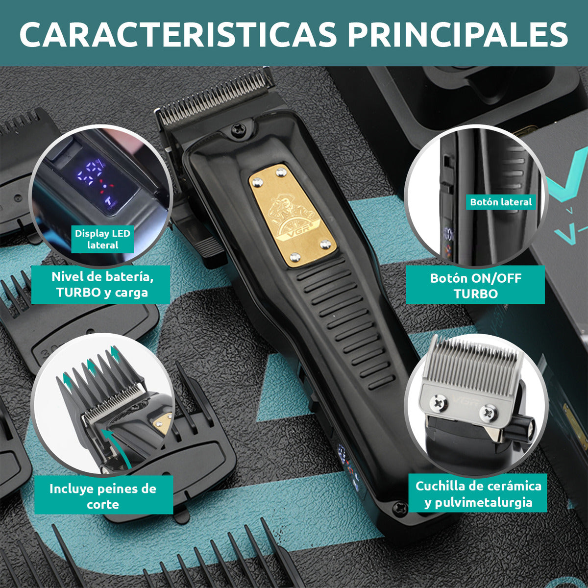 V-651 Máquina Corta Pelo Profesional VGR USB con 8 Peines