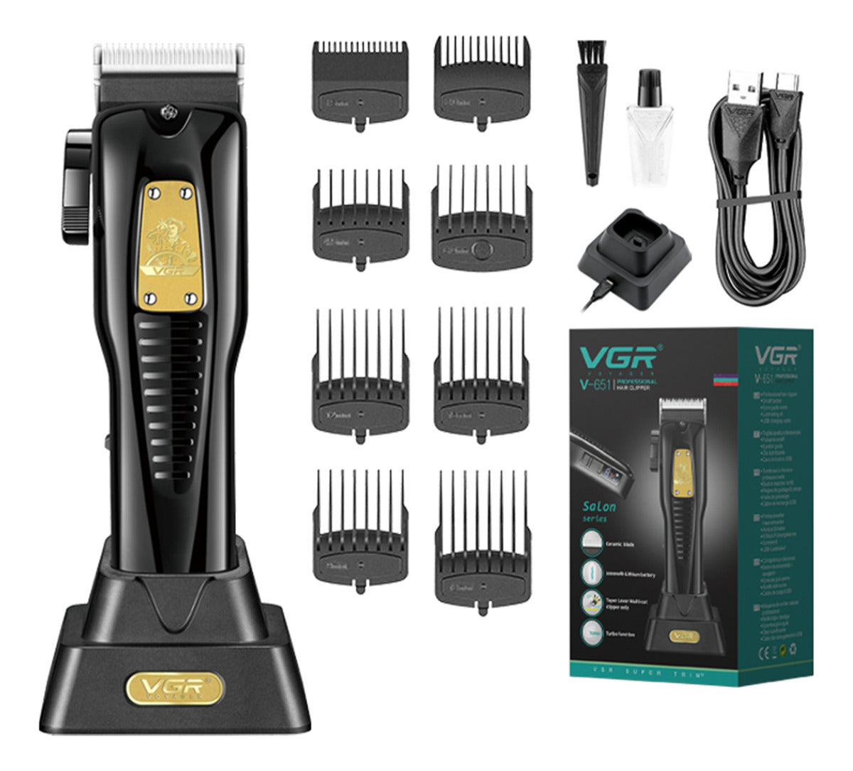 V-651 Máquina Corta Pelo Profesional VGR USB con 8 Peines