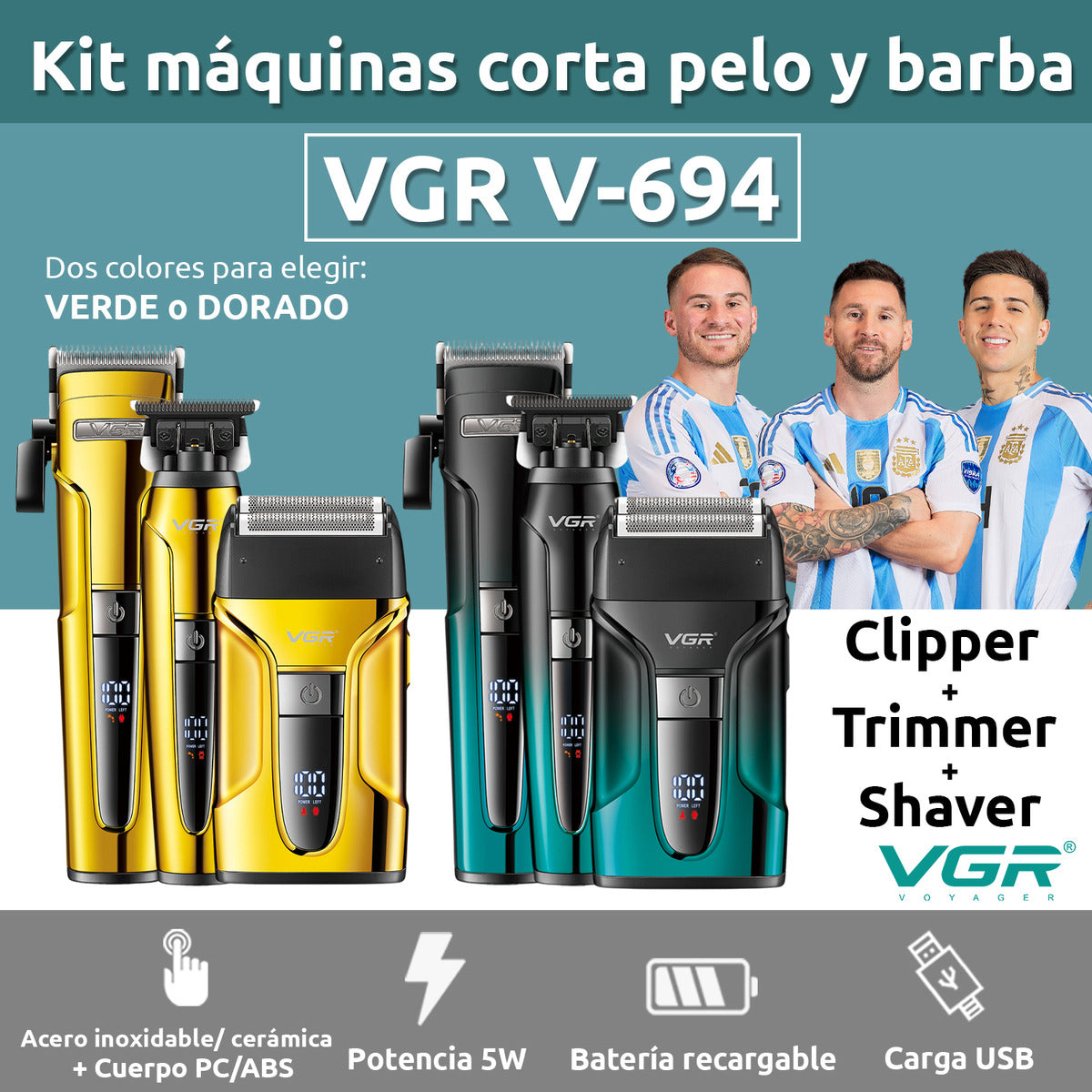 V-694 Kit Cortadora Pelo Trimmer Shaver 3en1 Profesional VGR