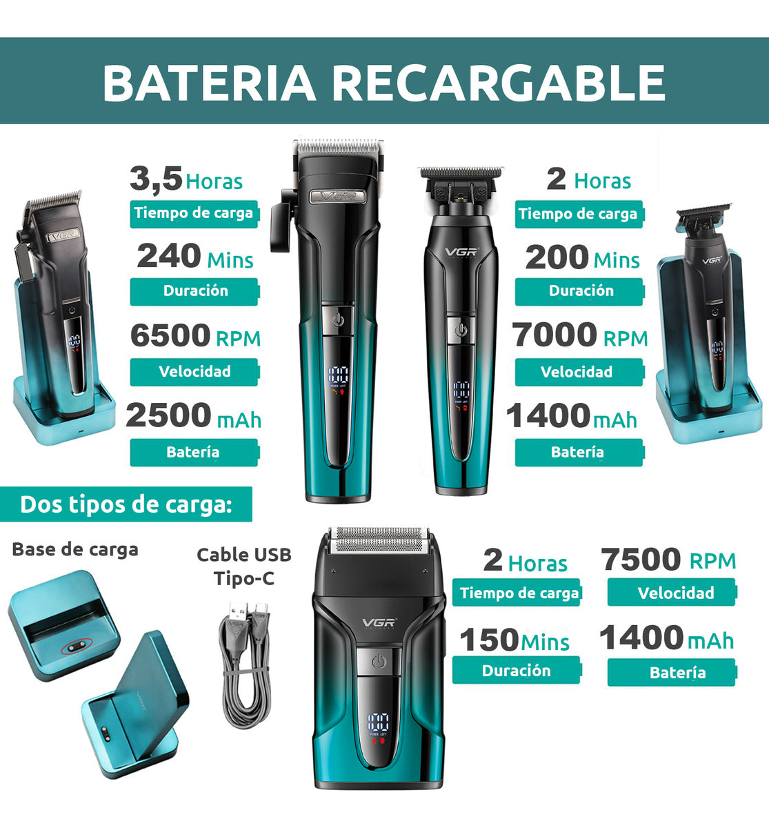 V-694 Kit Cortadora Pelo Trimmer Shaver 3en1 Profesional VGR