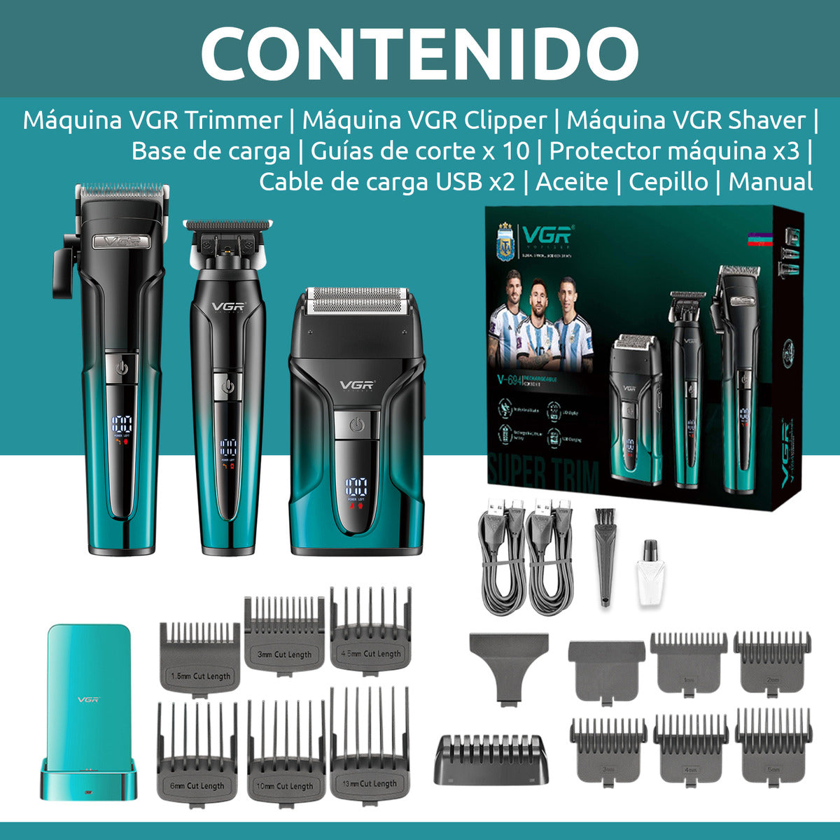 V-694 Kit Cortadora Pelo Trimmer Shaver 3en1 Profesional VGR