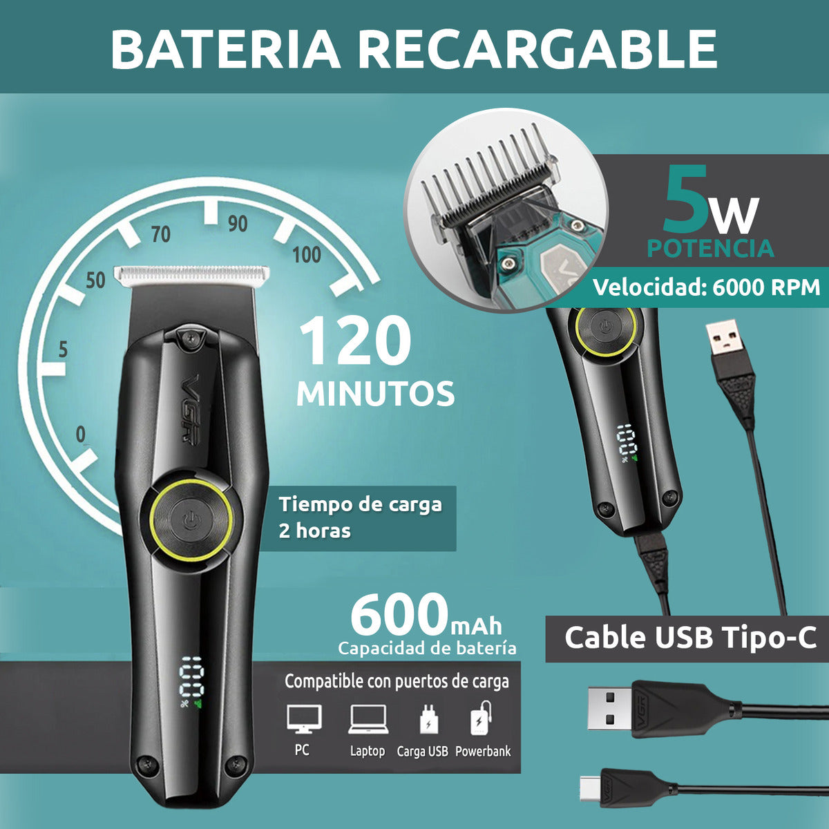 V-905 Cortadora de pelo VGR negro recargable