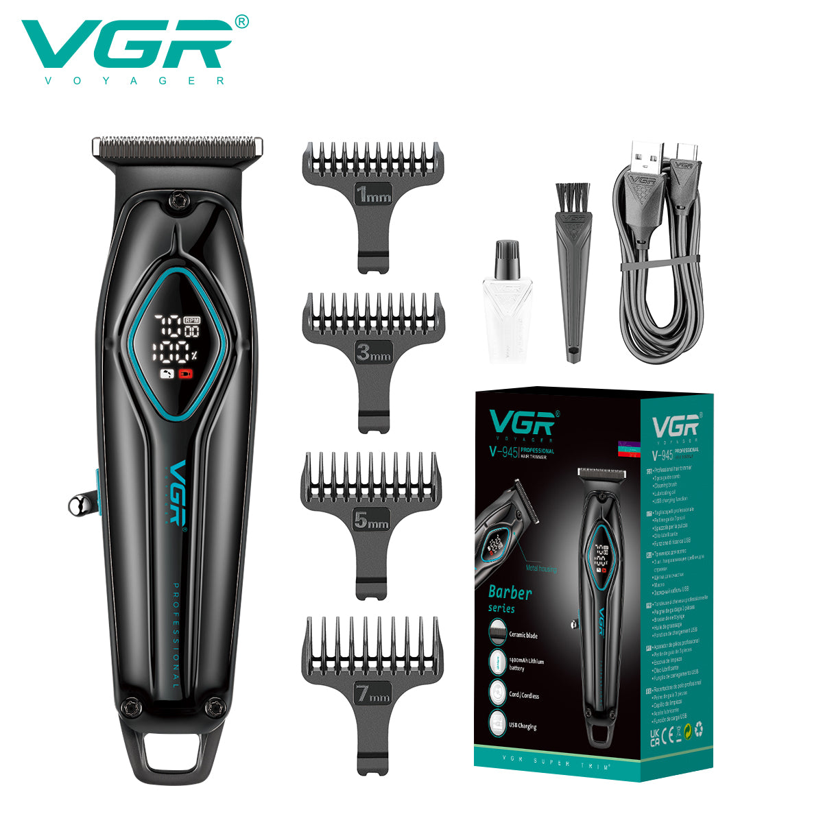 V-945 Rasuradora para cabello inalámbrica recargable por USB pantalla LED