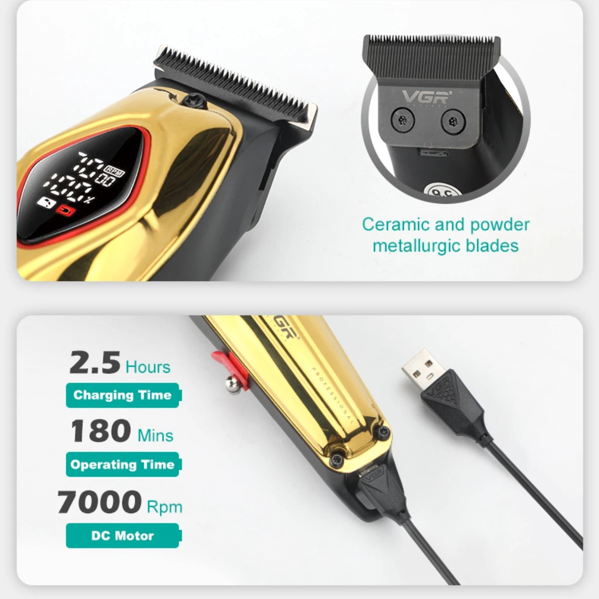 V-945 Rasuradora para cabello inalámbrica recargable por USB pantalla LED