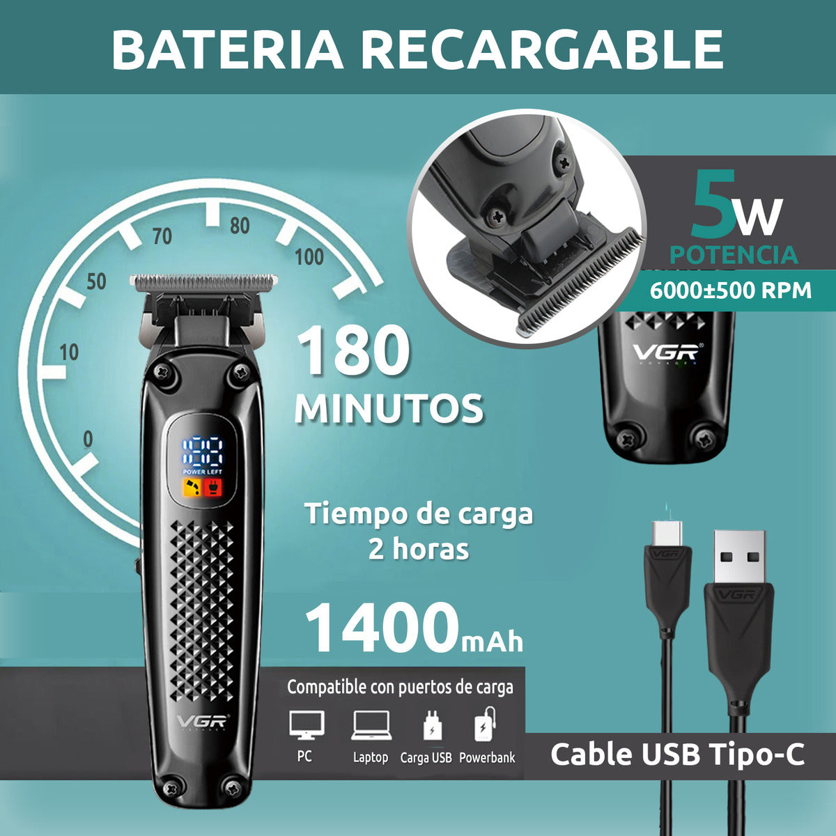 V-972 Rasuradora de barba color negro VGR inalámbrica