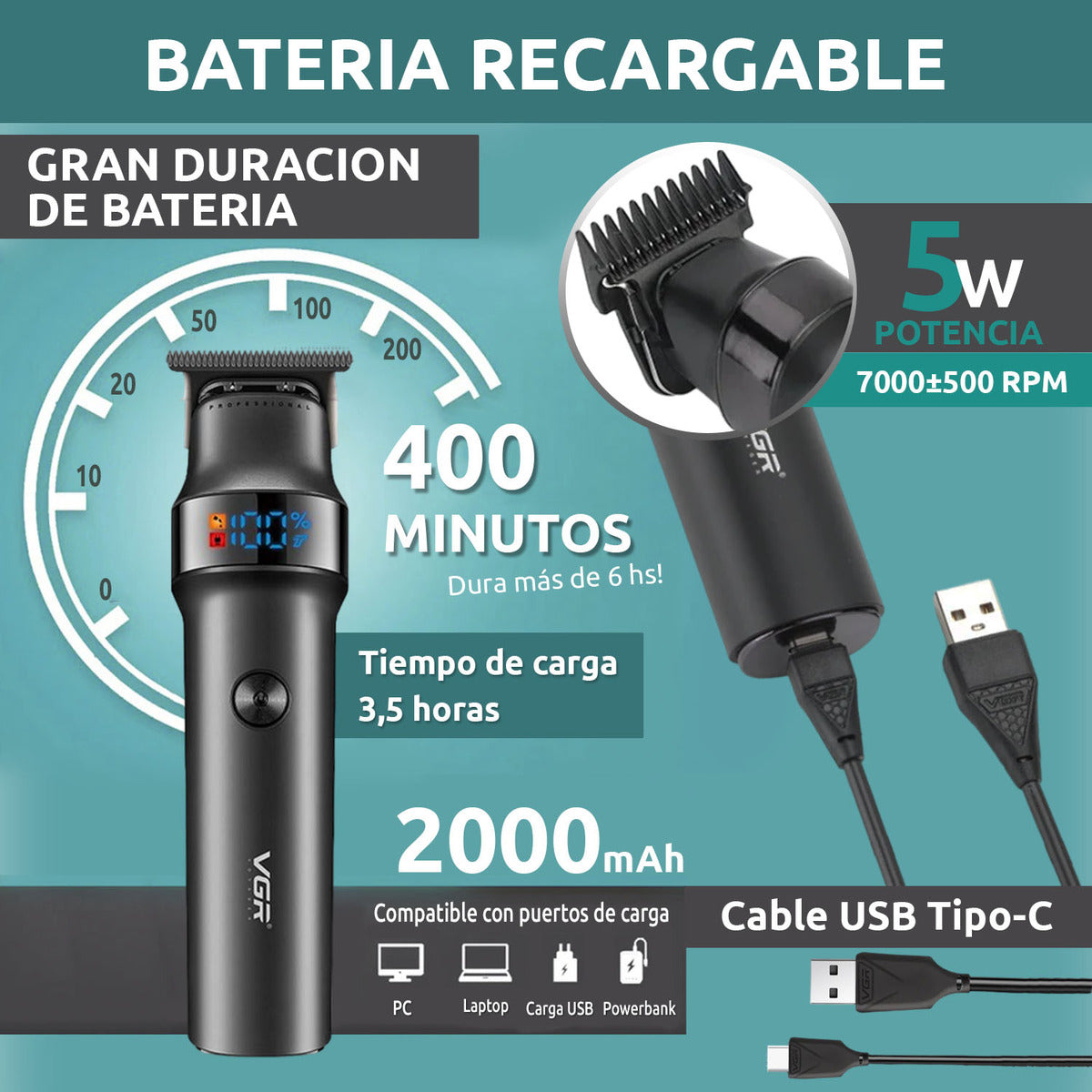 V-987 Rasuradora inalámbrica recargable por USB pantalla LED