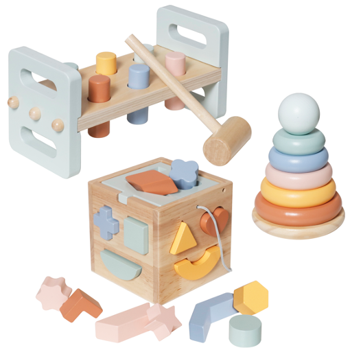 Set Montessori 3 en 1: Cubo de Formas, Apilador Arcoíris y Banco de Martillo W12D757