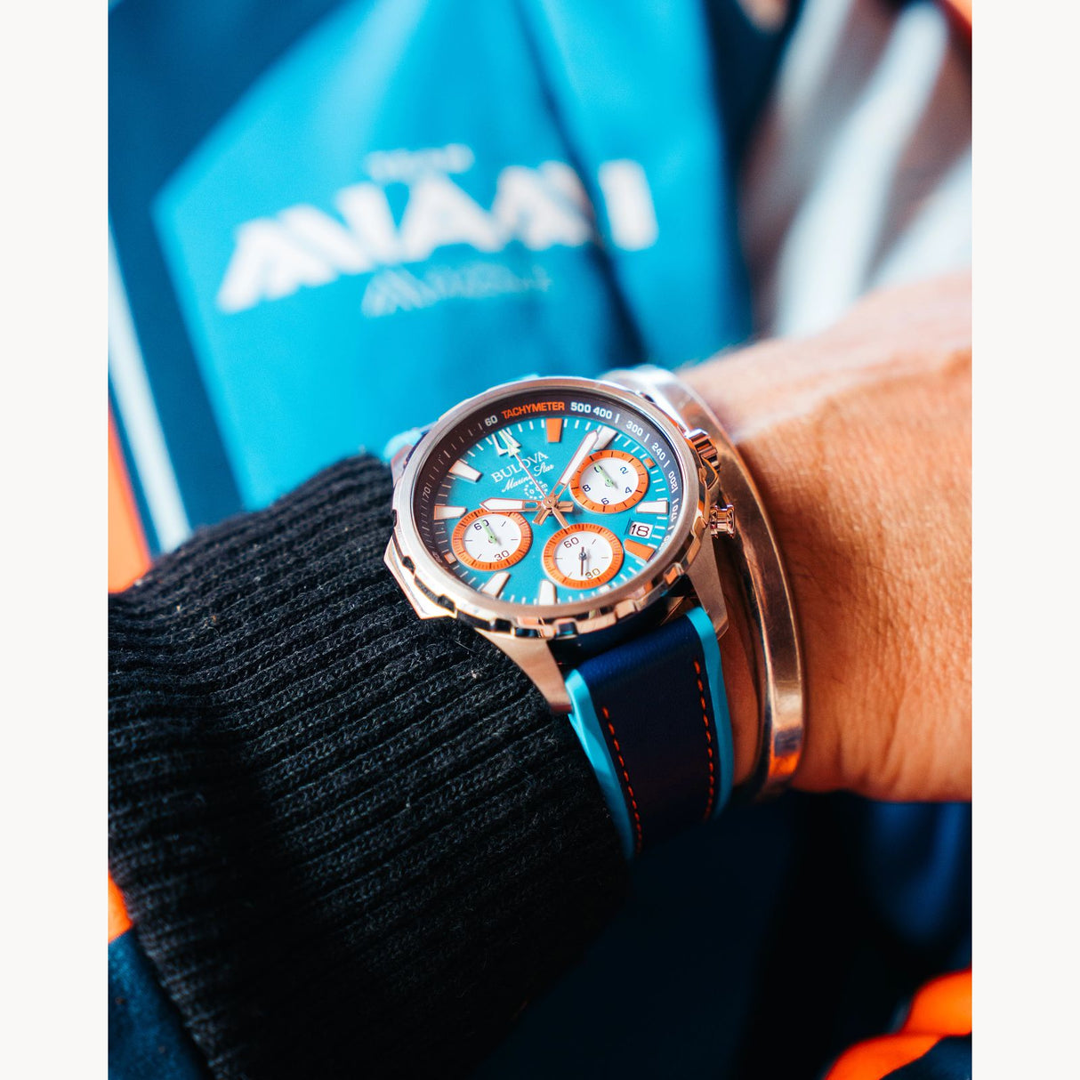96B460 Reloj Bulova E1 Team Miami de caballero pulsera de cuero 43 mm