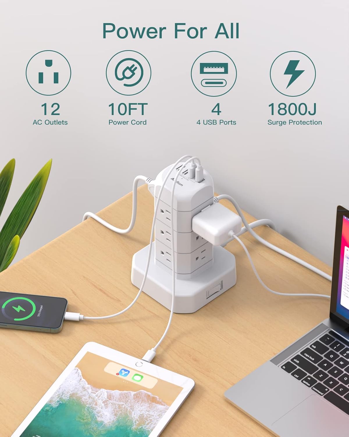 AD12T4U Regleta de Sobretensión con 12 Tomas y Puertos USB - 3 USB-A + 1 USB-C