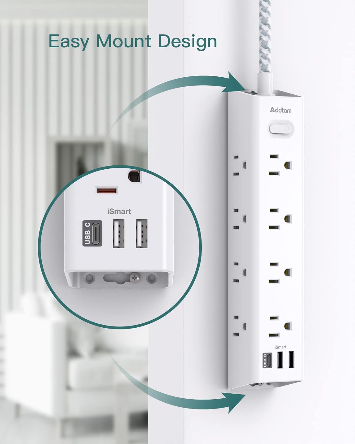 AD12W3U Addtam Cable de extensión de 15 pies con múltiples tomas, regleta de alimentación de enchufe plano con cable de 15 pies de largo, 12 tomas, 3 puertos USB (2USB C),