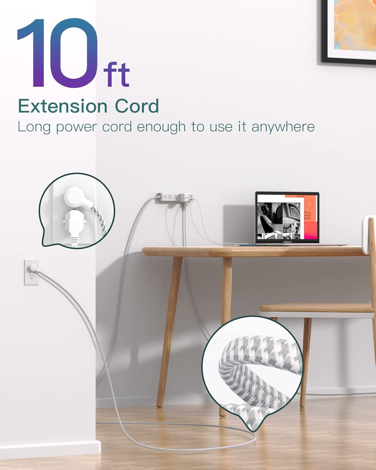 AD12W3U Addtam Cable de extensión de 15 pies con múltiples tomas, regleta de alimentación de enchufe plano con cable de 15 pies de largo, 12 tomas, 3 puertos USB (2USB C),