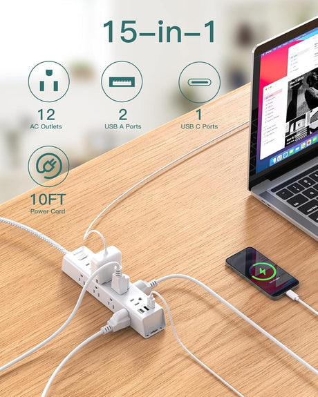 AD12W3U Addtam Cable de extensión de 15 pies con múltiples tomas, regleta de alimentación de enchufe plano con cable de 15 pies de largo, 12 tomas, 3 puertos USB (2USB C),