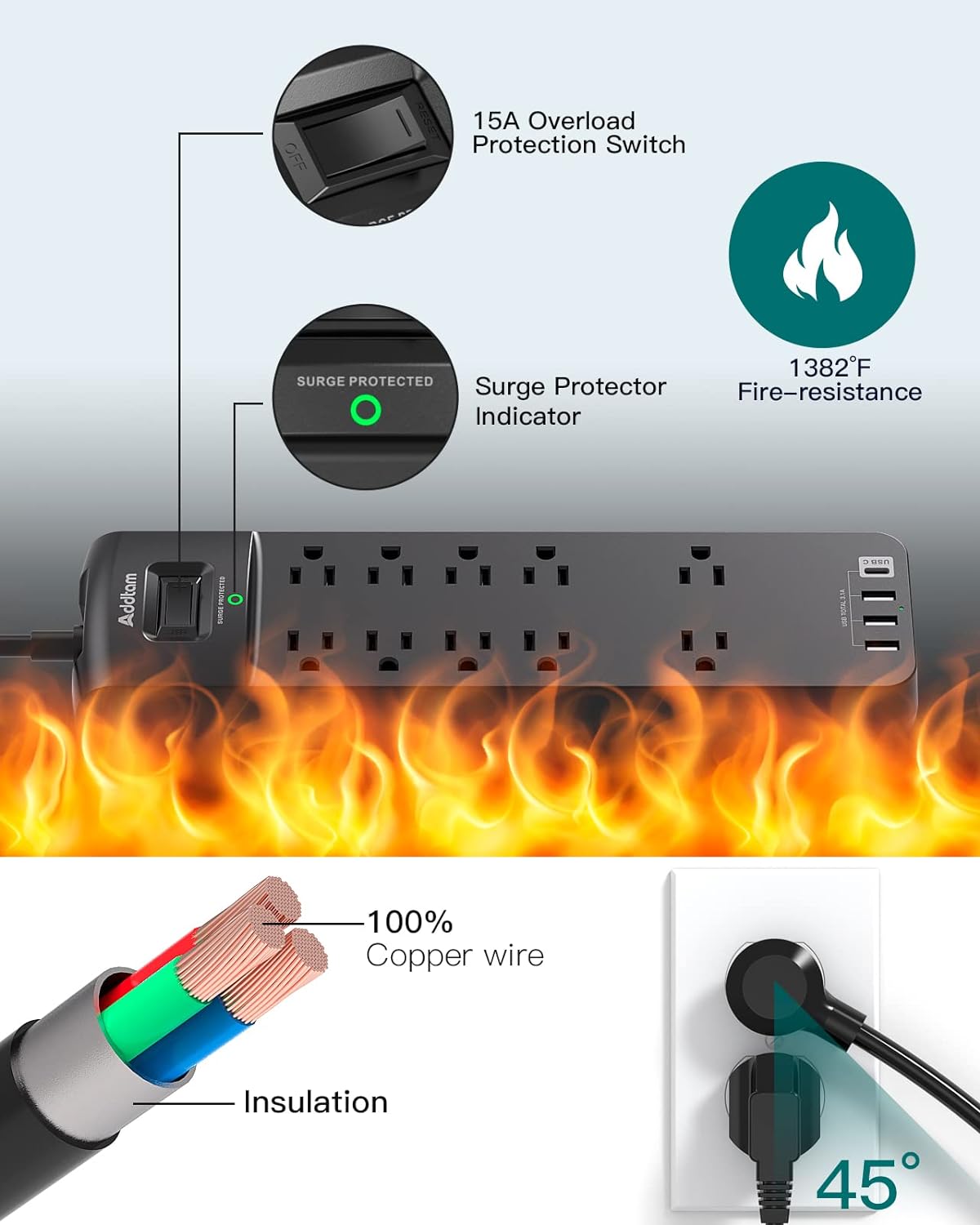 AD9008B Regleta Addtam 10 conexiones más usb a/c