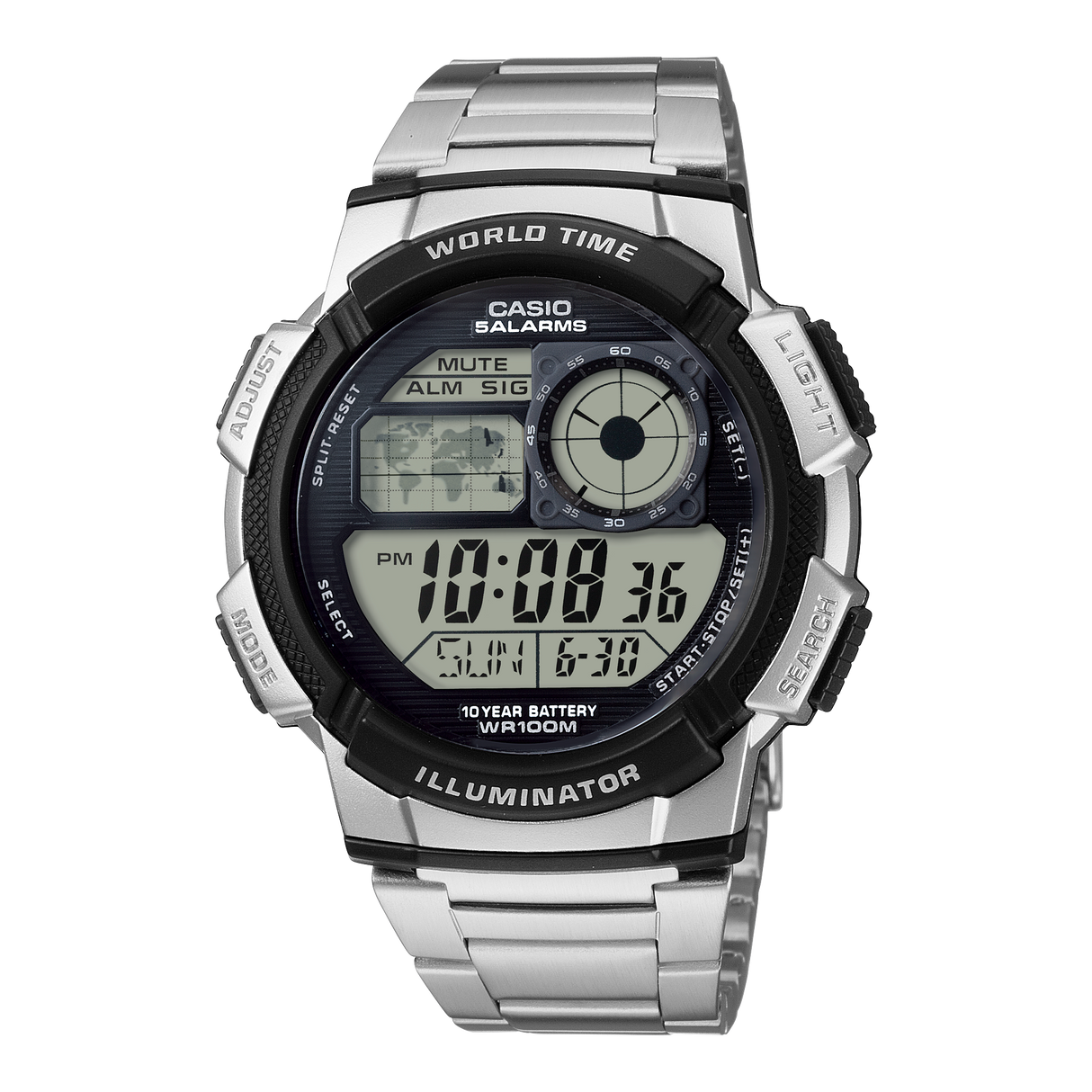 AE-1000WD-1AV Reloj Casio para Hombre Pulsera de Metal Digital Illuminator Hora Mundial 10 Años de Batería