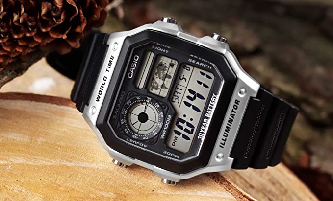 AE-1200 Reloj Casio para Hombre Pulsera de Caucho Digital Illuminator Hora Mundial 10 Años de Batería