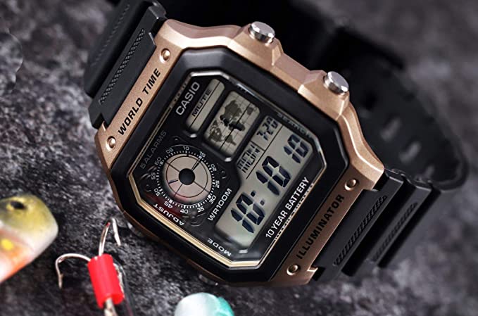 AE-1200 Reloj Casio para Hombre Pulsera de Caucho Digital Illuminator Hora Mundial 10 Años de Batería