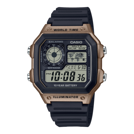 AE-1200 Reloj Casio para Hombre Pulsera de Caucho Digital Illuminator Hora Mundial 10 Años de Batería