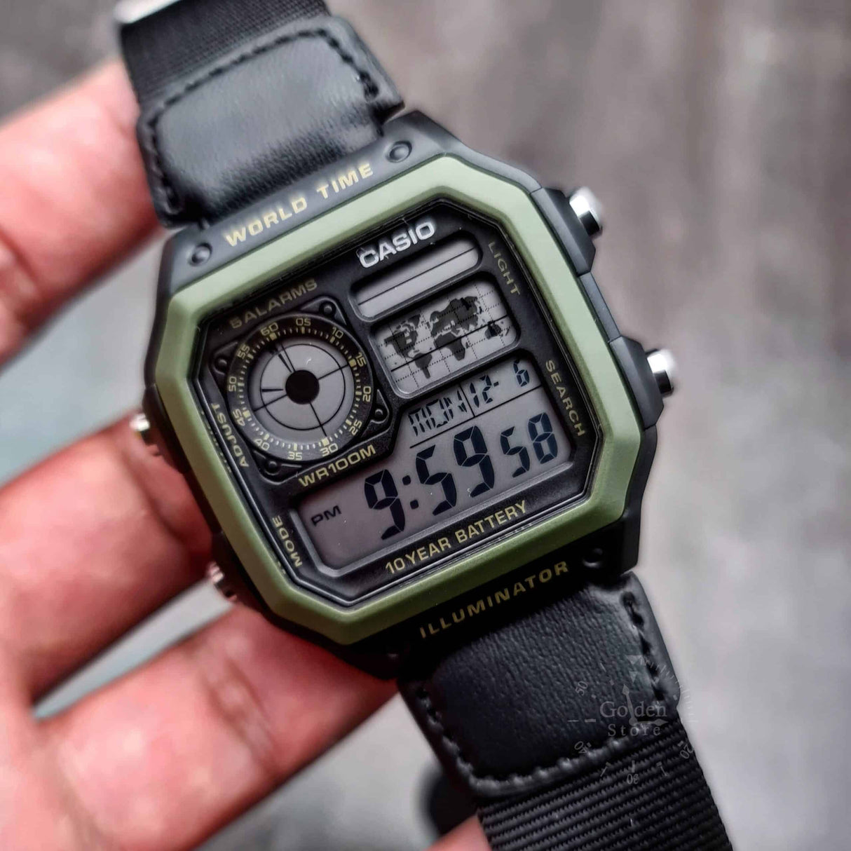 AE-1200 Reloj Casio para Hombre Pulsera de Tela Digital Illuminator Hora Mundial 10 Años de Batería