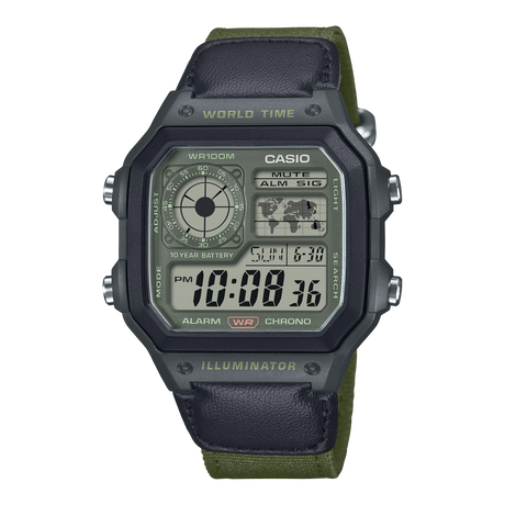 AE-1200 Reloj Casio para Hombre Pulsera de Tela Digital Illuminator Hora Mundial 10 Años de Batería