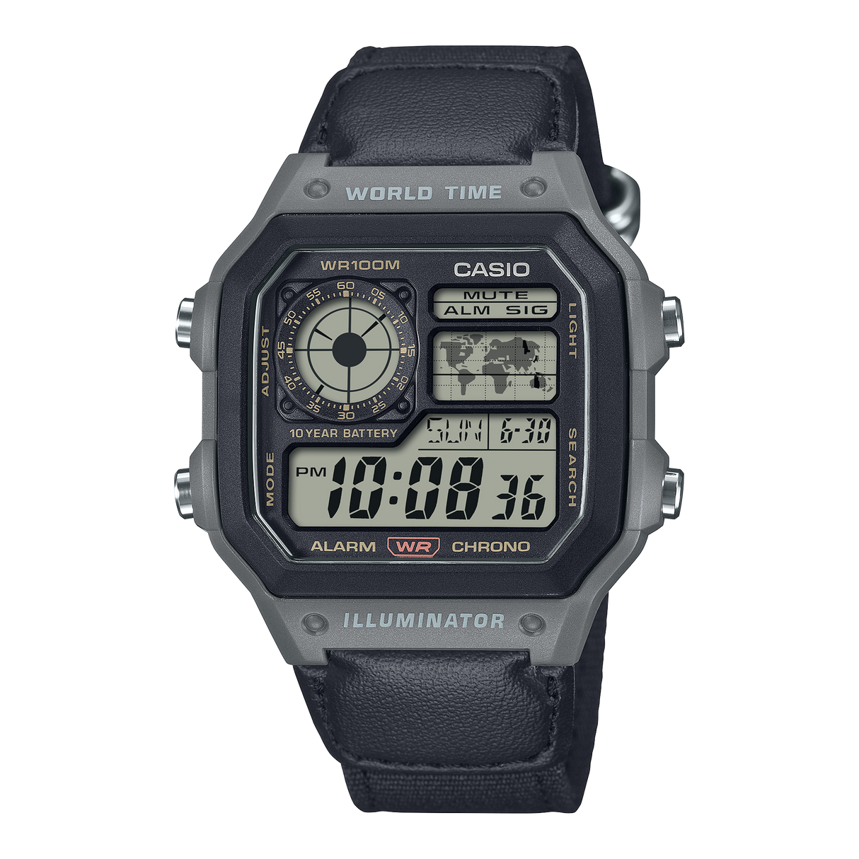 AE-1200 Reloj Casio para Hombre Pulsera de Tela Digital Illuminator Hora Mundial 10 Años de Batería
