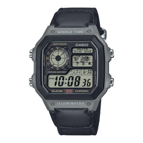 AE-1200 Reloj Casio para Hombre Pulsera de Tela Digital Illuminator Hora Mundial 10 Años de Batería
