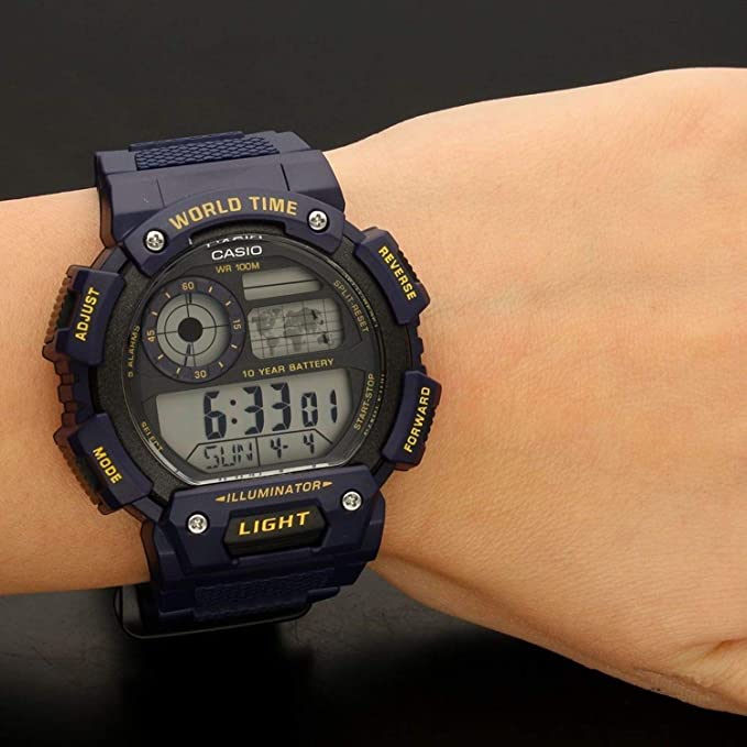 AE-1400 Reloj Casio para Hombre Pulsera de Caucho Digital Illuminator Hora Mundial 10 Años de Batería