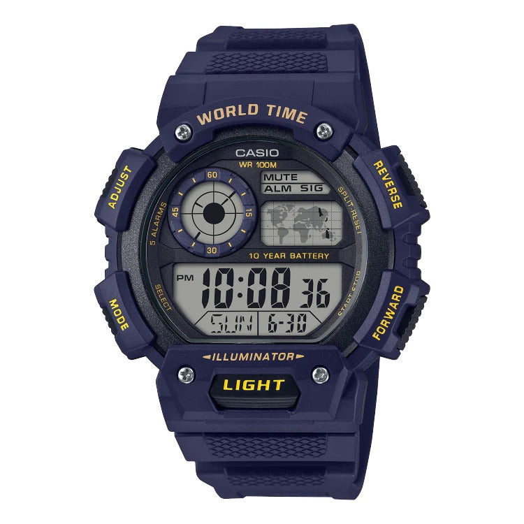 AE-1400 Reloj Casio para Hombre Pulsera de Caucho Digital Illuminator Hora Mundial 10 Años de Batería