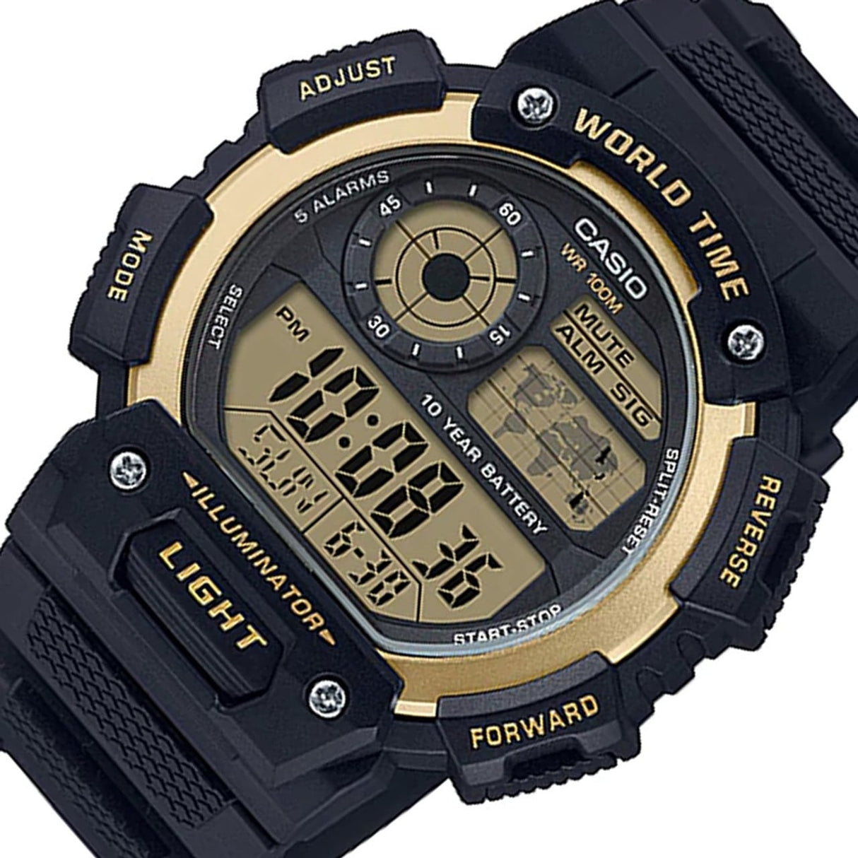 AE-1400 Reloj Casio para Hombre Pulsera de Caucho Digital Illuminator Hora Mundial 10 Años de Batería