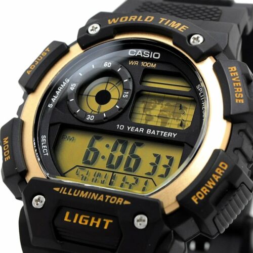 AE-1400 Reloj Casio para Hombre Pulsera de Caucho Digital Illuminator Hora Mundial 10 Años de Batería