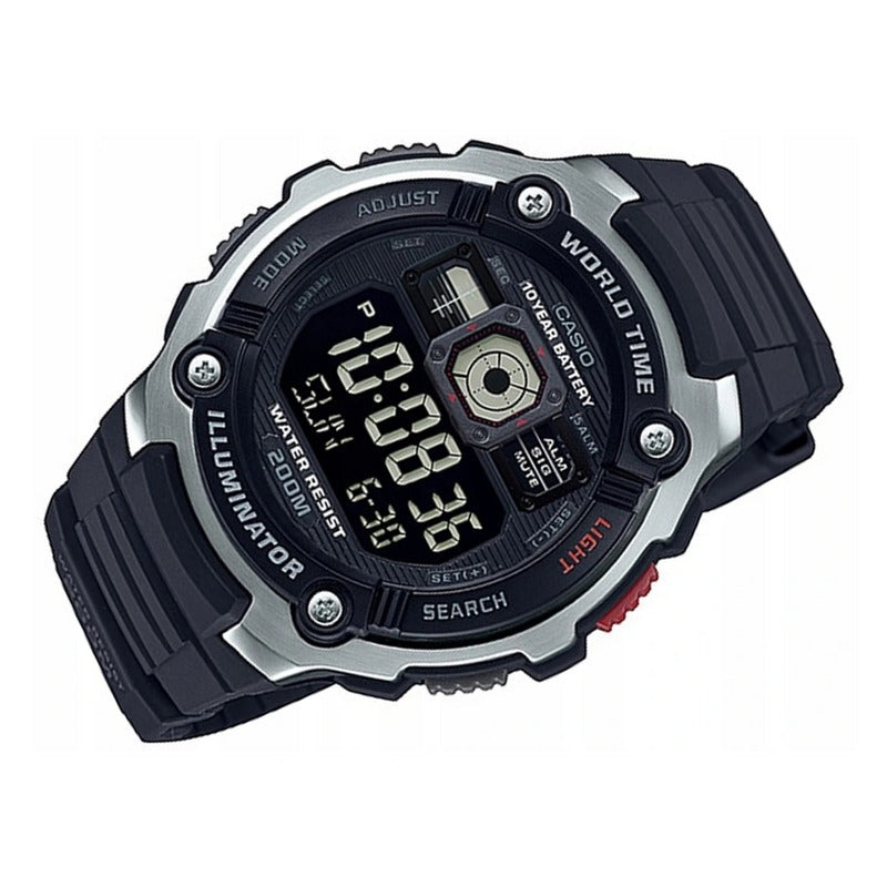 AE-2000 Reloj Casio para Hombre Banda de Caucho Digital Illuminator Hora Mundial 10 Años de Batería