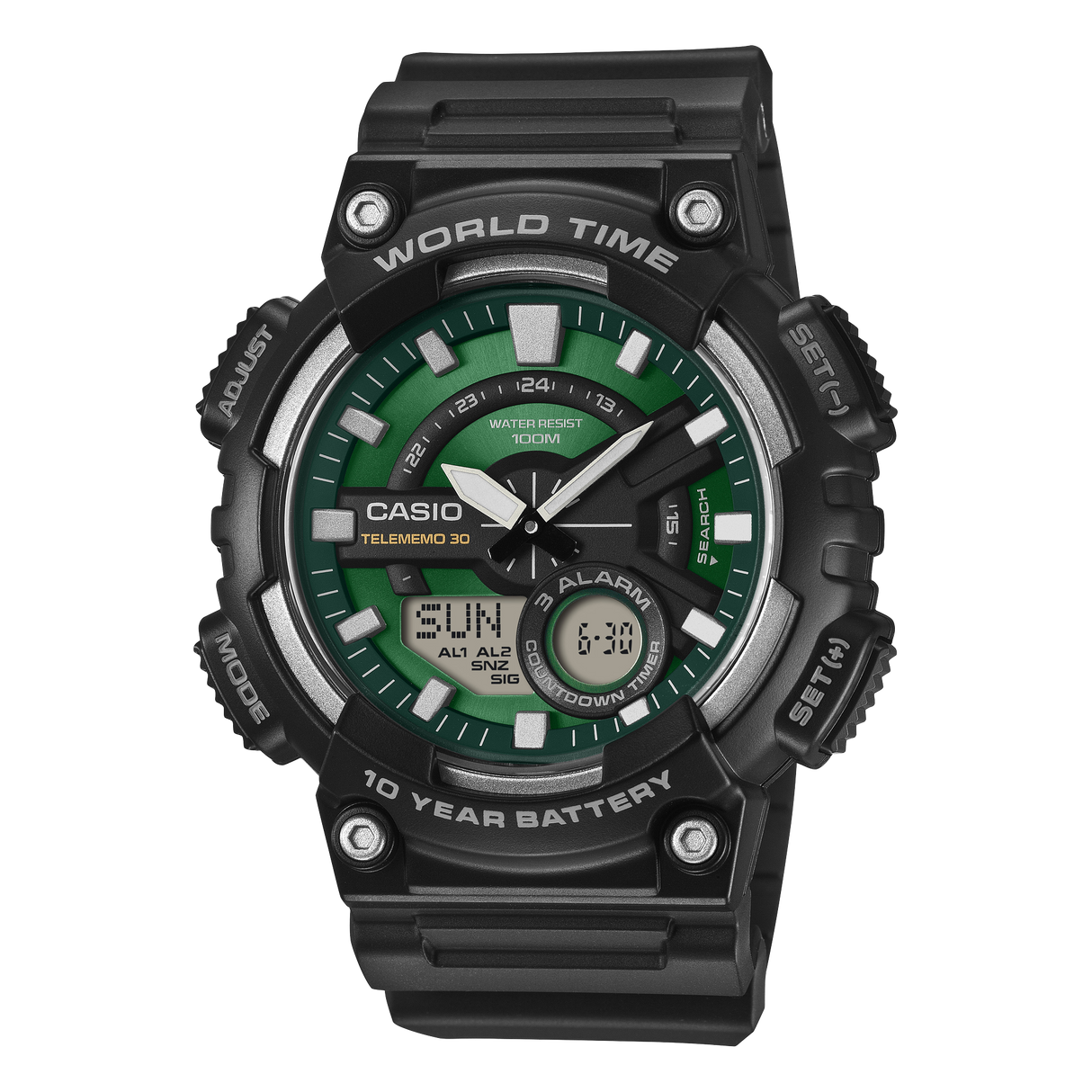 AEQ-110 Reloj Casio para Hombre Banda de Caucho Doble hora Hora Mundial, Telememo 30, 10 Años de Batería