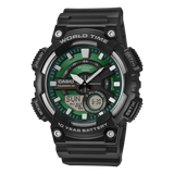 AEQ-110 Reloj Casio para Hombre Banda de Caucho Doble hora Hora Mundial, Telememo 30, 10 Años de Batería