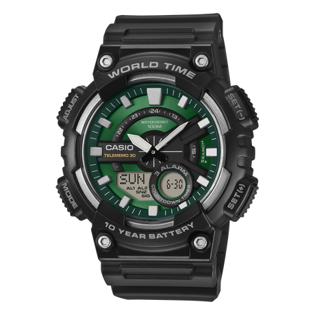 AEQ-110 Reloj Casio para Hombre Banda de Caucho Doble hora Hora Mundial, Telememo 30, 10 Años de Batería