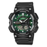 AEQ-110 Reloj Casio para Hombre Banda de Caucho Doble hora Hora Mundial, Telememo 30, 10 Años de Batería