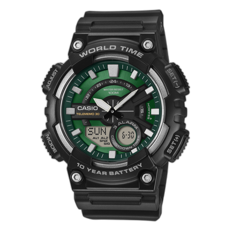 AEQ-110 Reloj Casio para Hombre Banda de Caucho Doble hora Hora Mundial, Telememo 30, 10 Años de Batería