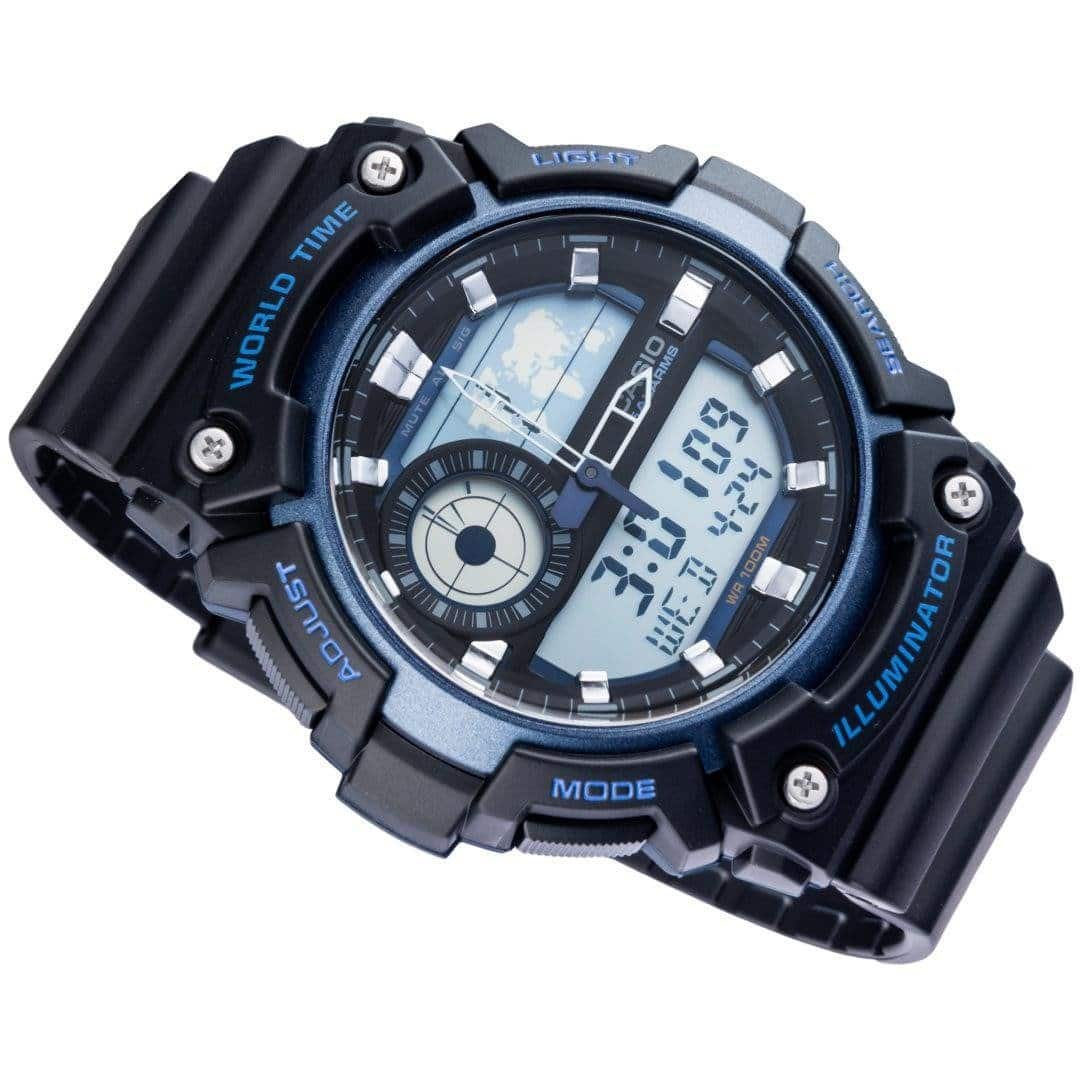 AEQ-200 Reloj Casio para Hombre Pulsera de Caucho Doble hora Illuminator Hora Mundial