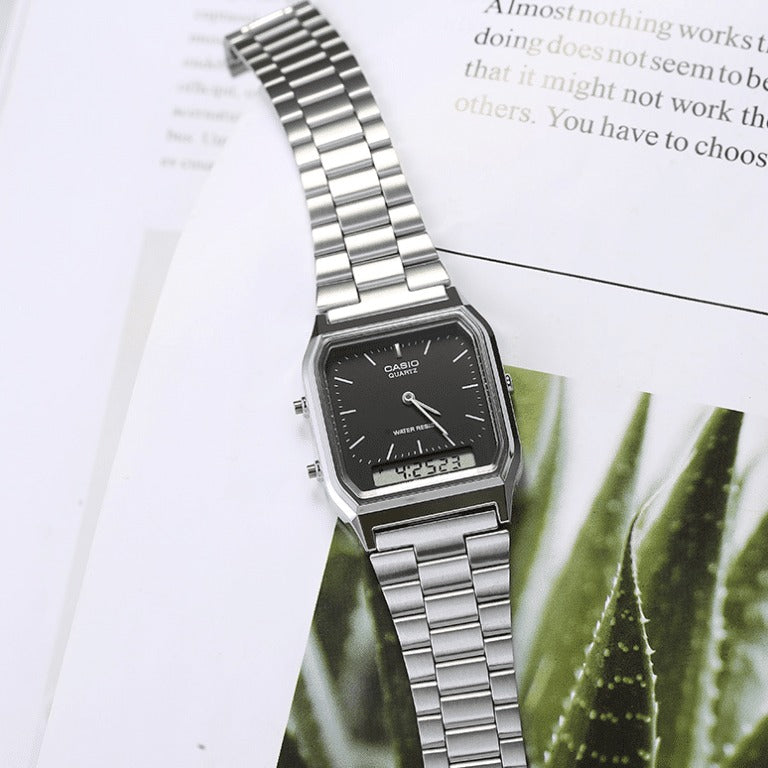 AQ-230 Reloj Casio Unisex Pulsera de Acero Inoxidable Doble hora Vintage Clásico