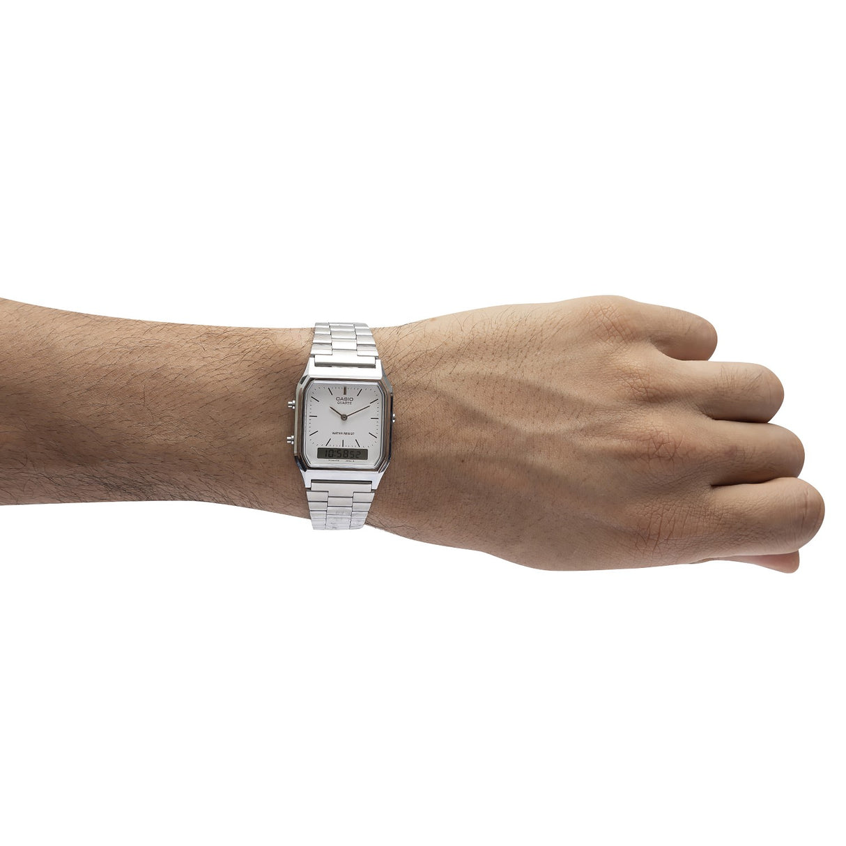 AQ-230 Reloj Casio Unisex Pulsera de Acero Inoxidable Doble hora Vintage Clásico