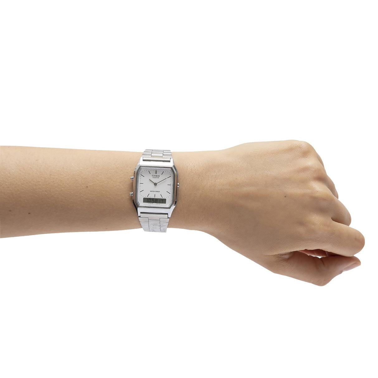 AQ-230 Reloj Casio Unisex Pulsera de Acero Inoxidable Doble hora Vintage Clásico