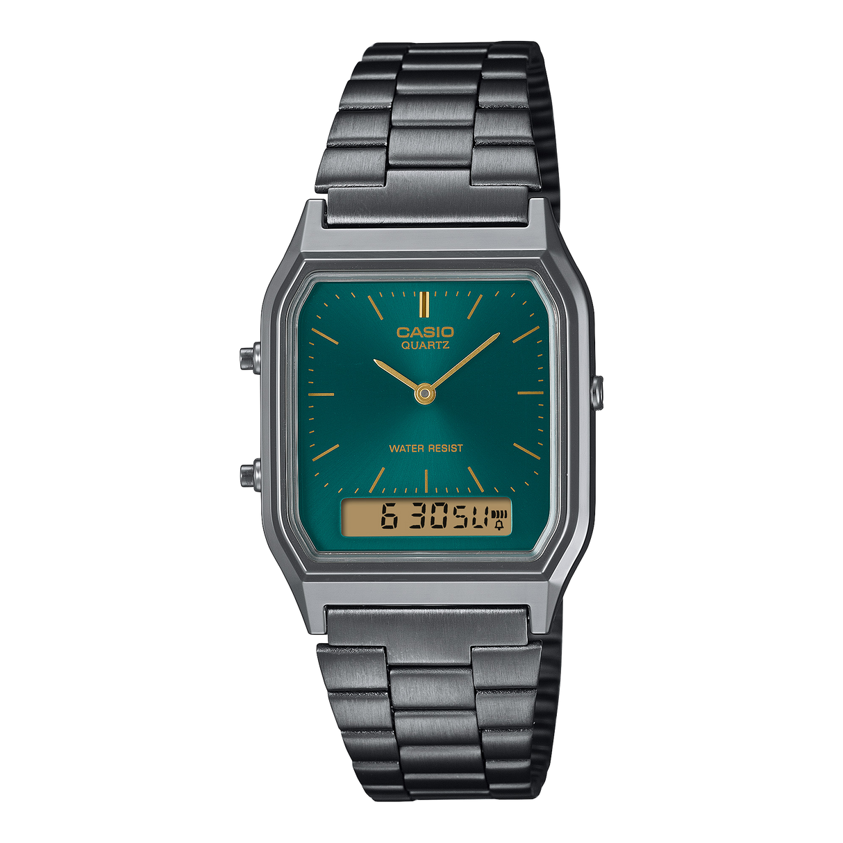 AQ-230 Reloj Casio Unisex Pulsera de Acero Inoxidable Doble hora Vintage Clásico