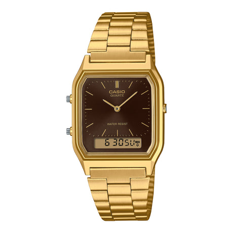 AQ-230 Reloj Casio Unisex Pulsera de Acero Inoxidable Doble hora Vintage Clásico