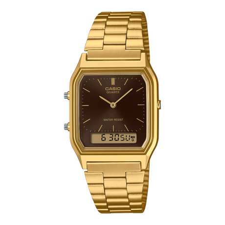 AQ-230 Reloj Casio Unisex Pulsera de Acero Inoxidable Doble hora Vintage Clásico