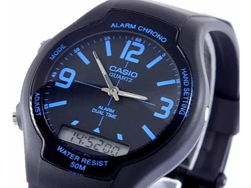 AW-90 Reloj Casio para Hombre Pulsera de Caucho Doble hora Alarma Cronómetro