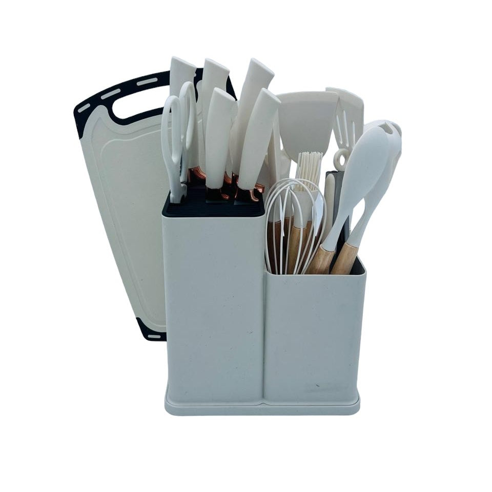 BL-09 Set de cuchillos con tabla para cortar color blanco