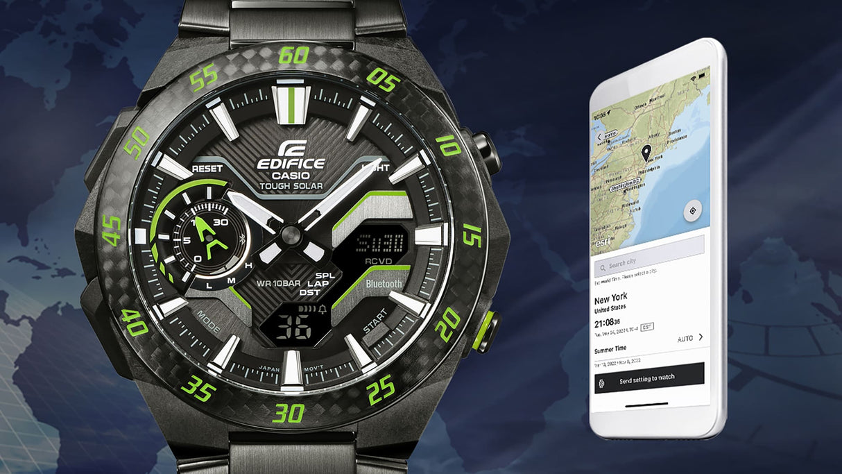 ECB-2200 Edifice Windflow Tough Solar Reloj para Hombre Pulsera de Metal Doble hora Bluetooth