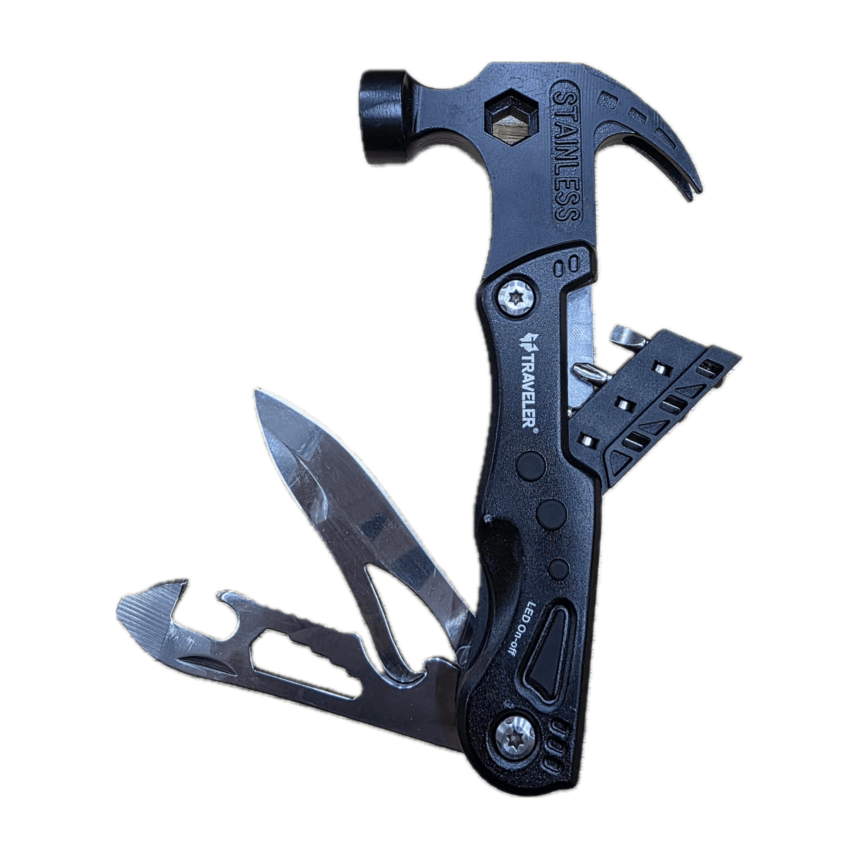 Navaja Multiherramienta Traveler MS012 de Acero Inoxidable con Martillo, Destornilladores y Luz LED